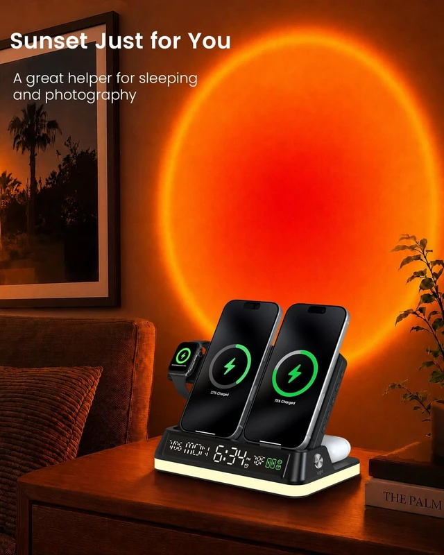 Alt view image 7 of 7 - 7 in 1 Wireless Charging Station with Auto-Sync Clock Sunset Night Light