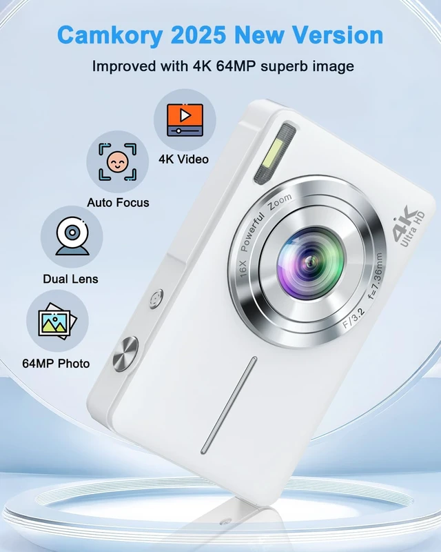 Alt view image 5 of 7 - 4K Digital Camera Point and Shoot with Selfie Lens and 32G Card, White