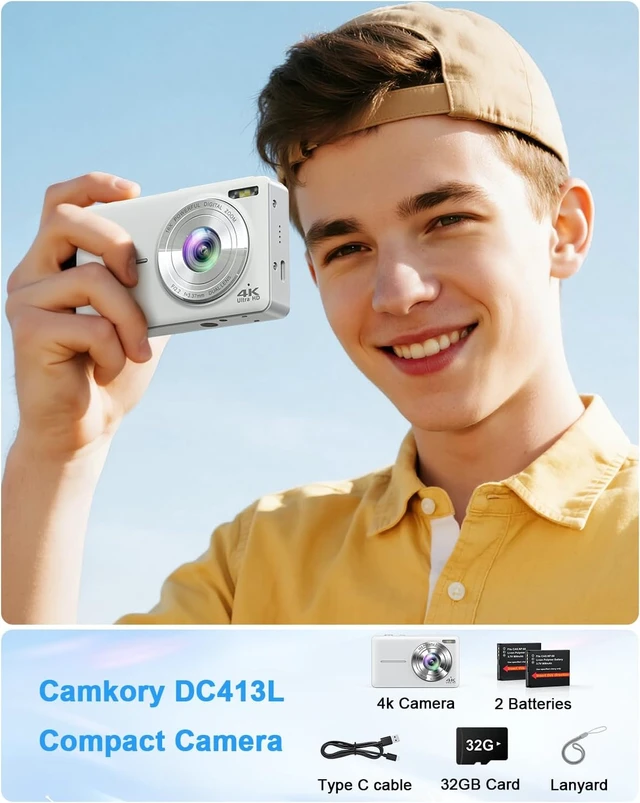 Alt view image 6 of 7 - 4K Digital Camera Point and Shoot with Selfie Lens and 32G Card, White
