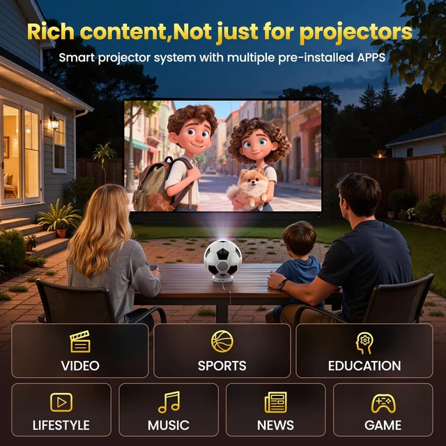 Alt view image 4 of 7 - 2026 New 4K Projector with WiFi and Bluetooth, Built-in Apps Movie with Auto Electric Focus & Keystone,soccer led Proyector with speaker for Indoor/Outdoor, Compatible with Phone/TV Stick/PC/PS5