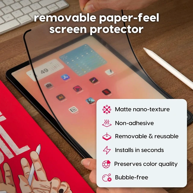 Alt view image 2 of 7 - Rock Paper Pencil v4.0 Paper Feel Matte Screen Protector for iPad Pro 13 (M4, M5) & iPad Air 13 (M2/M3/M4) + 4 Pencil Tips (2 Ballpoint, 2 Graphite) NanoCling, Reusable, Residue Free Fits