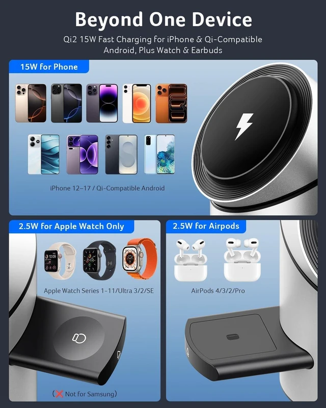 Alt view image 7 of 7 - 3 in 1 Wireless Charging Station for , Strong Magnetic Charger for iPhone, Magesafe Charger, Fast Charger Stand Compatible with iPhone 17, Watch, AirPods (Non-Battery, with Adapter)