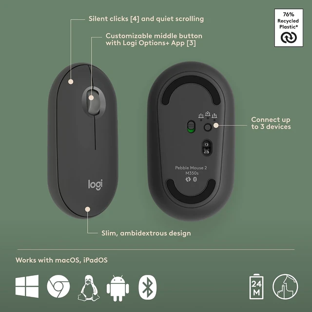 Alt view image 7 of 7 - Pebble 2 Compact Wireless Keyboard & Mouse for Mac, iPad, Graphite