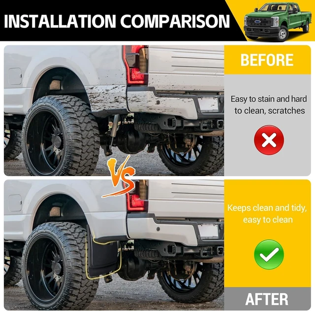 Alt view image 2 of 7 - Mud Flaps for 2017-2026 Ford F-250/F-350 Super Duty Without OEM Fender Flares (Single Rear Wheels), No Drill Splash Guards Front & Rear Truck Mud Guards Accessories Set(4pcs)