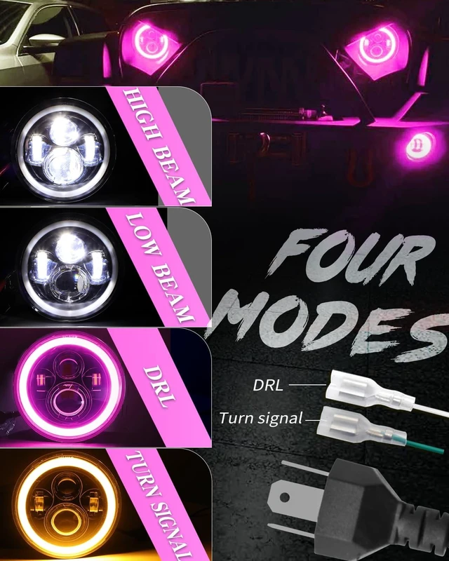 Alt view image 3 of 7 - 7 inch Led Headlights Round Pink Purple Halo led H6024 Headlight With Hi/Lo Beam DRL Amber Turn Signal Compatible With Jeep Wrangler JK TJ CJ LJ Compatible With Chevy Ford GMC Dodge&Mazda ect