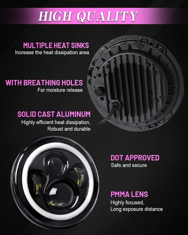 Alt view image 4 of 7 - 7 inch Led Headlights Round Pink Purple Halo led H6024 Headlight With Hi/Lo Beam DRL Amber Turn Signal Compatible With Jeep Wrangler JK TJ CJ LJ Compatible With Chevy Ford GMC Dodge&Mazda ect