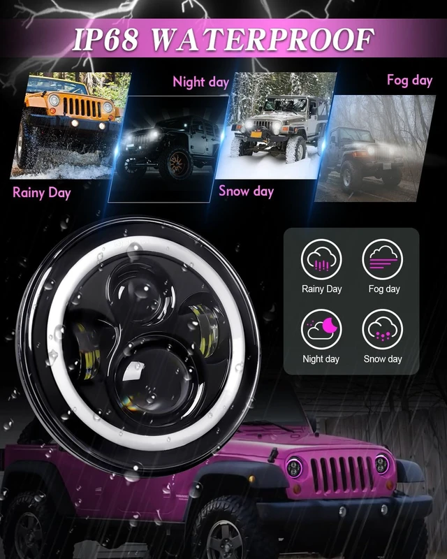 Alt view image 5 of 7 - 7 inch Led Headlights Round Pink Purple Halo led H6024 Headlight With Hi/Lo Beam DRL Amber Turn Signal Compatible With Jeep Wrangler JK TJ CJ LJ Compatible With Chevy Ford GMC Dodge&Mazda ect