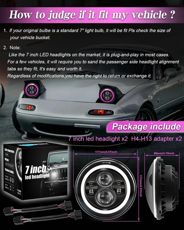Alt view image 6 of 7 - 7 inch Led Headlights Round Pink Purple Halo led H6024 Headlight With Hi/Lo Beam DRL Amber Turn Signal Compatible With Jeep Wrangler JK TJ CJ LJ Compatible With Chevy Ford GMC Dodge&Mazda ect