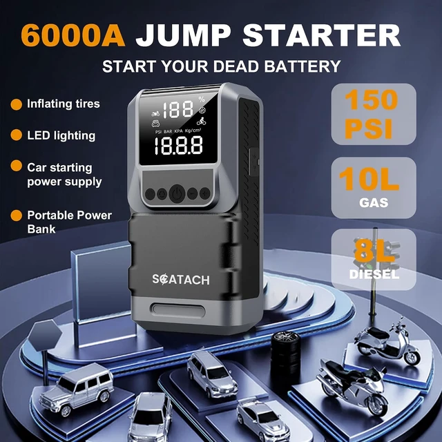 Alt view image 2 of 7 - Jump Starter with Air Compressor, 6000A 150PSI Tire Inflator