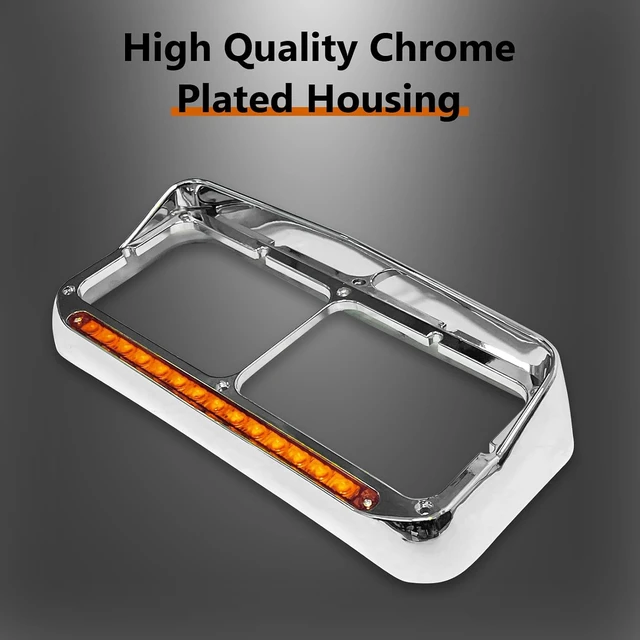 Alt view image 2 of 7 - Headlight Bezels Chrome w/Visor 12" LED Light Strip Replacement for 4x6 Lights Kenworth T400 T600 T800 W900B W900L Peterbilt 378 379 Western Star 4900 Freightliner, Yellow Light