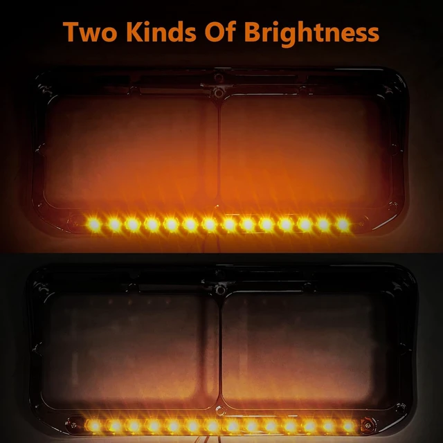 Alt view image 3 of 7 - Headlight Bezels Chrome w/Visor 12" LED Light Strip Replacement for 4x6 Lights Kenworth T400 T600 T800 W900B W900L Peterbilt 378 379 Western Star 4900 Freightliner, Yellow Light