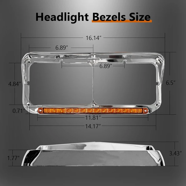 Alt view image 4 of 7 - Headlight Bezels Chrome w/Visor 12" LED Light Strip Replacement for 4x6 Lights Kenworth T400 T600 T800 W900B W900L Peterbilt 378 379 Western Star 4900 Freightliner, Yellow Light