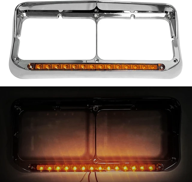 Alt view image 6 of 7 - Headlight Bezels Chrome w/Visor 12" LED Light Strip Replacement for 4x6 Lights Kenworth T400 T600 T800 W900B W900L Peterbilt 378 379 Western Star 4900 Freightliner, Yellow Light