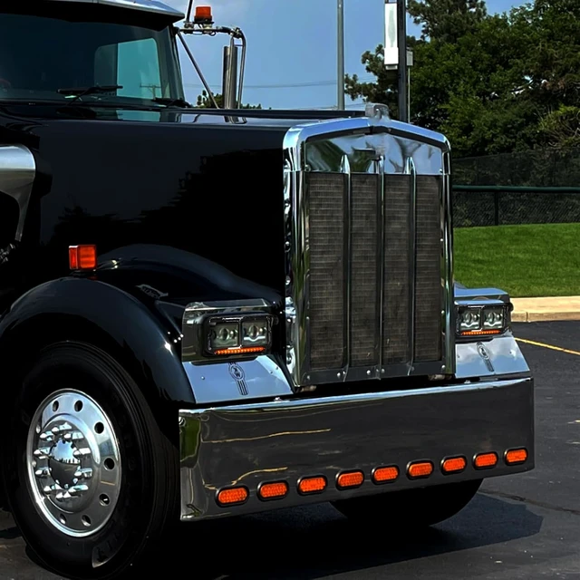 Alt view image 7 of 7 - Headlight Bezels Chrome w/Visor 12" LED Light Strip Replacement for 4x6 Lights Kenworth T400 T600 T800 W900B W900L Peterbilt 378 379 Western Star 4900 Freightliner, Yellow Light