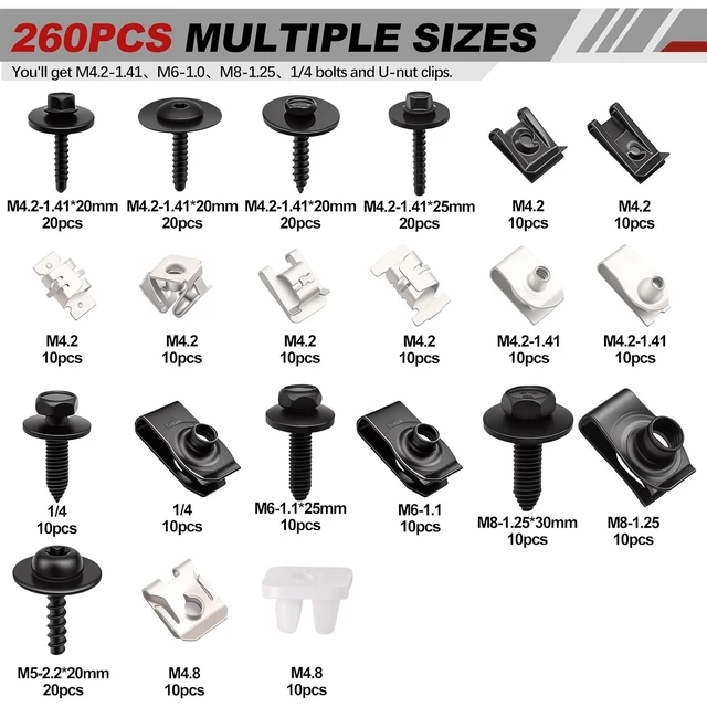 Alt view image 2 of 7 - 260PCS U-Nut Clips & Automotive Body Fender Bolts Kit,for Most Cars Fender,Engine Undertray Cover, Engine Cover & Bumper Fender Liner