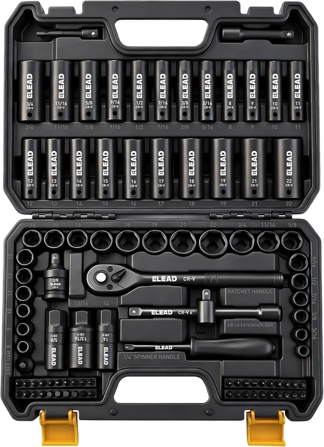 Main image of 96-Piece 3/8" Drive Impact Socket Set, SAE(5/16 to 3/4-Inch) & Metric(8-22mm), Standard & Deep Sockets, Ratchet Handle, Bit Set, Universal Joint, Extension Bar, Adapters, Spark Plug Sockets