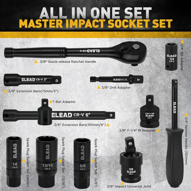 Alt view image 3 of 7 - 96-Piece 3/8" Drive Impact Socket Set, SAE(5/16 to 3/4-Inch) & Metric(8-22mm), Standard & Deep Sockets, Ratchet Handle, Bit Set, Universal Joint, Extension Bar, Adapters, Spark Plug Sockets