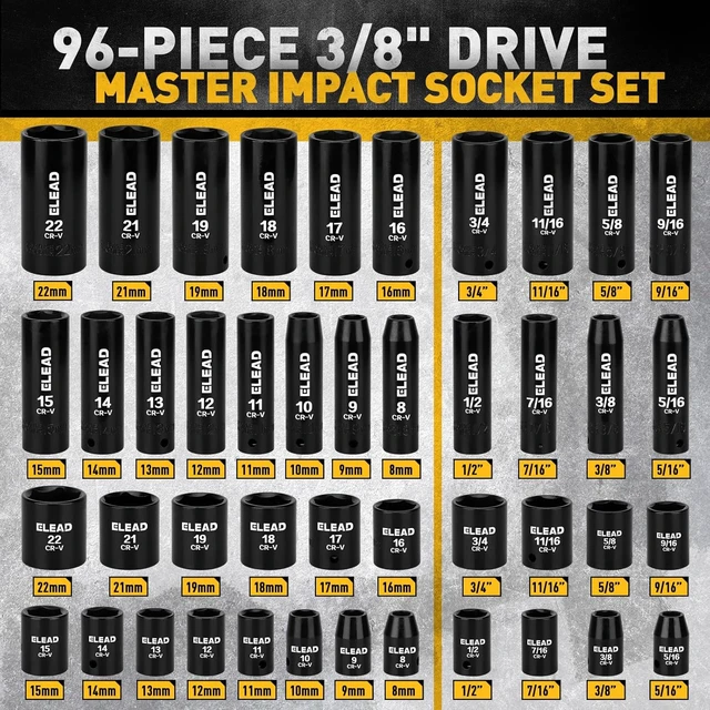 Alt view image 2 of 7 - 96-Piece 3/8" Drive Impact Socket Set, SAE(5/16 to 3/4-Inch) & Metric(8-22mm), Standard & Deep Sockets, Ratchet Handle, Bit Set, Universal Joint, Extension Bar, Adapters, Spark Plug Sockets