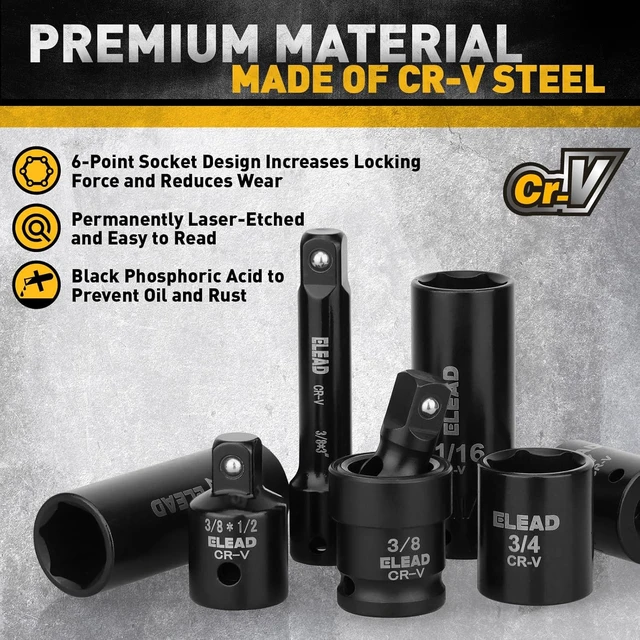 Alt view image 4 of 7 - 96-Piece 3/8" Drive Impact Socket Set, SAE(5/16 to 3/4-Inch) & Metric(8-22mm), Standard & Deep Sockets, Ratchet Handle, Bit Set, Universal Joint, Extension Bar, Adapters, Spark Plug Sockets