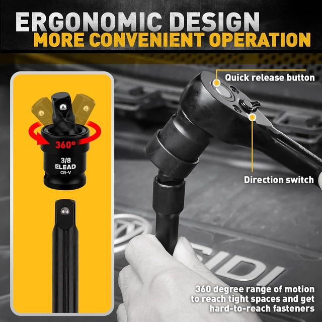 Alt view image 5 of 7 - 96-Piece 3/8" Drive Impact Socket Set, SAE(5/16 to 3/4-Inch) & Metric(8-22mm), Standard & Deep Sockets, Ratchet Handle, Bit Set, Universal Joint, Extension Bar, Adapters, Spark Plug Sockets
