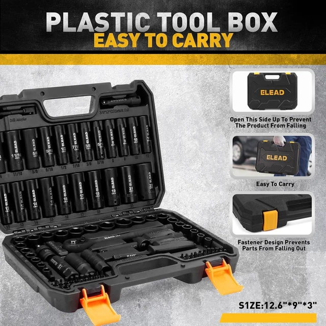 Alt view image 7 of 7 - 96-Piece 3/8" Drive Impact Socket Set, SAE(5/16 to 3/4-Inch) & Metric(8-22mm), Standard & Deep Sockets, Ratchet Handle, Bit Set, Universal Joint, Extension Bar, Adapters, Spark Plug Sockets