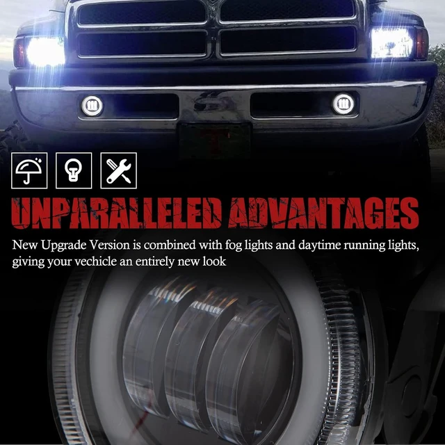 Alt view image 4 of 7 - Dodge Ram LED Fog Lights with Daytime Running Lights Set,1 Pair Clear Lens Fog Lamps Replacement for 1994 1995 1996 1997 1998 1999 2000 2001 2002 Dodge Ram 1500 2500 3500