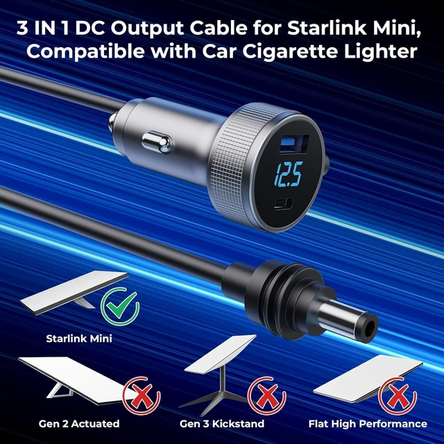 Alt view image 2 of 7 - Starlink Mini Cable, 3 in 1 Starlink Mini Car Charger DC Power Cable+ Cigarette Lighter Adapter 12V-48V with Digital Display, Durable USB C PD 40W and USB A 35W Ports for Trucks and Cars (13.1FT)