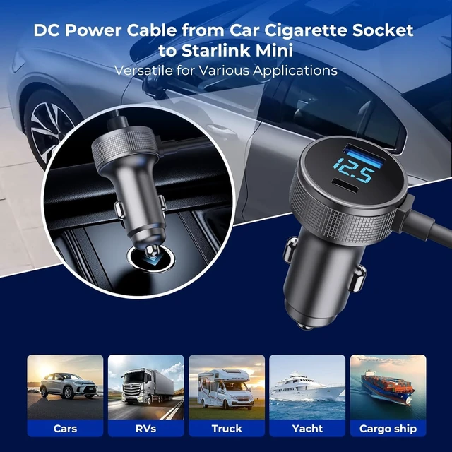 Alt view image 3 of 7 - Starlink Mini Cable, 3 in 1 Starlink Mini Car Charger DC Power Cable+ Cigarette Lighter Adapter 12V-48V with Digital Display, Durable USB C PD 40W and USB A 35W Ports for Trucks and Cars (13.1FT)