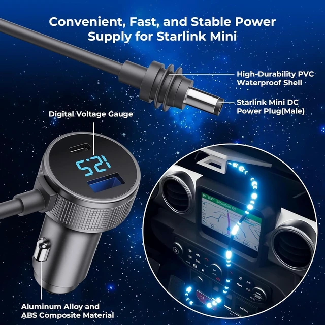 Alt view image 4 of 7 - Starlink Mini Cable, 3 in 1 Starlink Mini Car Charger DC Power Cable+ Cigarette Lighter Adapter 12V-48V with Digital Display, Durable USB C PD 40W and USB A 35W Ports for Trucks and Cars (13.1FT)