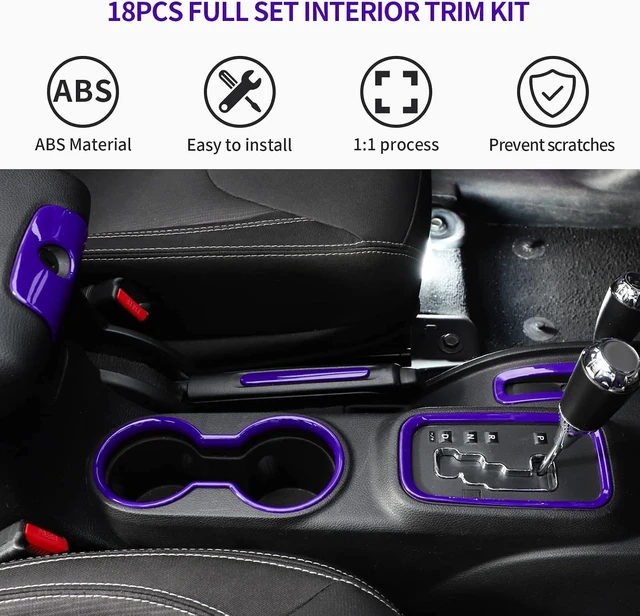Alt view image 3 of 7 - 18PCS Full Set Interior Trim Kit for Jeep Wrangler JK JKU 2011-2018 4 Door,Center Console Door Handle Side Outlet Cup Holder Gear Cover Trim (Purple)