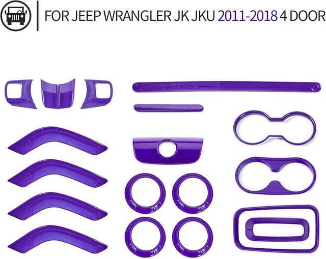 Alt view image 4 of 7 - 18PCS Full Set Interior Trim Kit for Jeep Wrangler JK JKU 2011-2018 4 Door,Center Console Door Handle Side Outlet Cup Holder Gear Cover Trim (Purple)