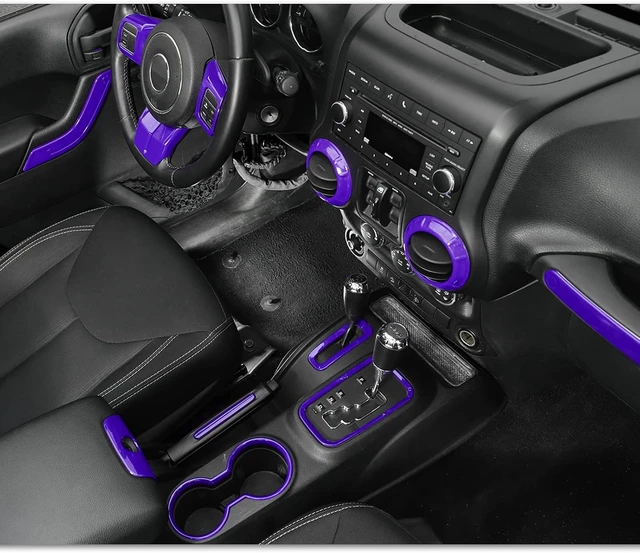Alt view image 6 of 7 - 18PCS Full Set Interior Trim Kit for Jeep Wrangler JK JKU 2011-2018 4 Door,Center Console Door Handle Side Outlet Cup Holder Gear Cover Trim (Purple)