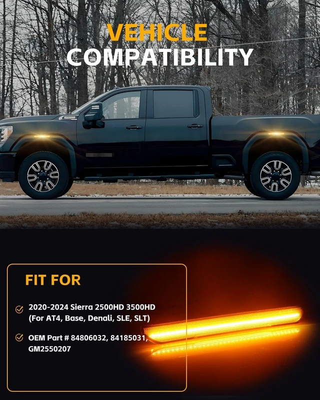 Alt view image 7 of 7 - 4 PCS Smoked LED Side Marker Light for Sierra 2500HD 3500HD 2020-2024, Full LED Strip Amber Front & Amber Rear Bumper Light, Pickup Truck Fender Driver Passenger Sidemarker Lamps, Car Accessory