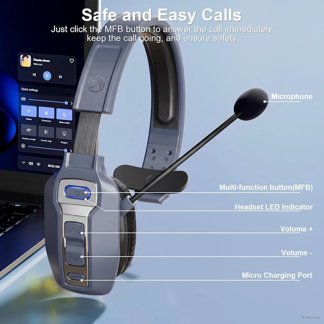 Alt view image 6 of 7 - Trucker Bluetooth Headset with AI Noise Cancellation Microphone, Trucker Headset with 65Hrs Talk Time & Mute Button, Multipoint Connection, Bluetooth Headsets Fit for Truck Drivers/Cell Phones