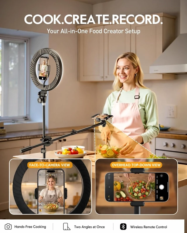 Alt view image 2 of 7 - Upgrade Tripod Ring Light Stand with 2 Telescopic Arms -67" Ring Light Tripod for iPhone&Android, Overhead Phone Mount with Remote, Phone Stand for for TikTok, YouTubeZoom & Video Recording