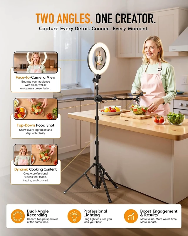 Alt view image 3 of 7 - Upgrade Tripod Ring Light Stand with 2 Telescopic Arms -67" Ring Light Tripod for iPhone&Android, Overhead Phone Mount with Remote, Phone Stand for for TikTok, YouTubeZoom & Video Recording