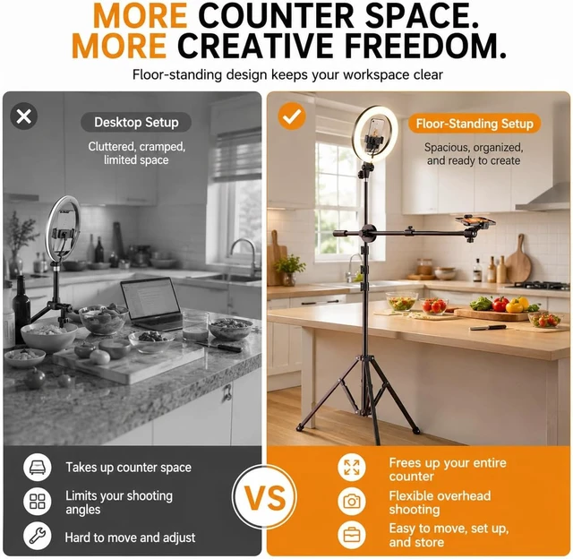 Alt view image 4 of 7 - Upgrade Tripod Ring Light Stand with 2 Telescopic Arms -67" Ring Light Tripod for iPhone&Android, Overhead Phone Mount with Remote, Phone Stand for for TikTok, YouTubeZoom & Video Recording