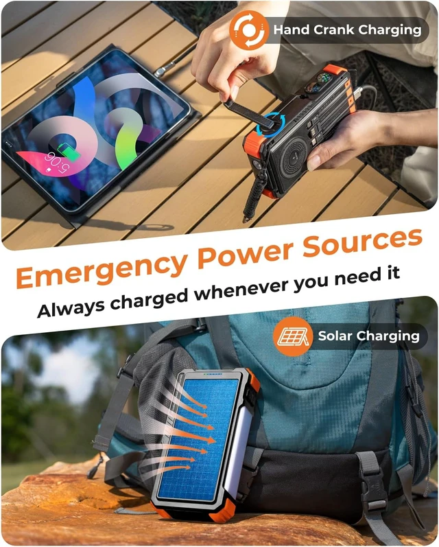 Alt view image 2 of 7 - Solar Power Bank with Hand Crank and Built-in 4 Cables 20000mAh