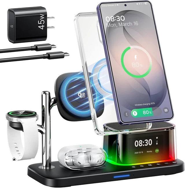 Main image of 25W 5 in 1 Charging Station for Galaxy S26 Ultra with Bluetooth Speaker/Alarm Clock/Night Light, Qi2.2 Fast Magnetic Wireless Charger with 45W Adapter for S26/Z Fold7, for Galaxy Watch 8/Buds