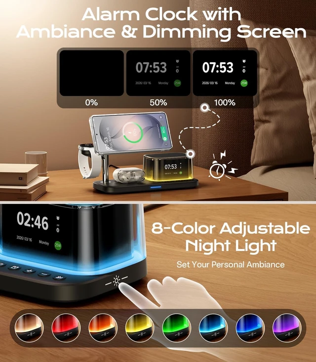 Alt view image 5 of 7 - 25W 5 in 1 Charging Station for Galaxy S26 Ultra with Bluetooth Speaker/Alarm Clock/Night Light, Qi2.2 Fast Magnetic Wireless Charger with 45W Adapter for S26/Z Fold7, for Galaxy Watch 8/Buds