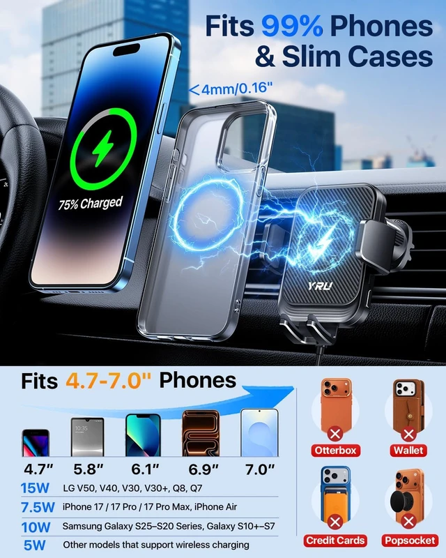 Alt view image 7 of 7 - Auto-Clamping & 90+LBS Strong Suction 15W Wireless Car Charger Mount