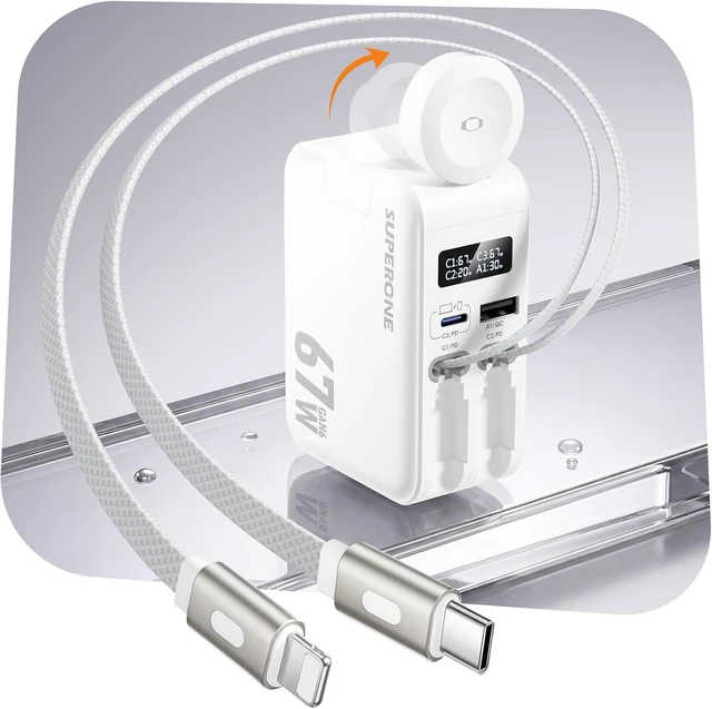 Main image of 67W Retractable Wall Charger with USB-C and Cables 5-in-1