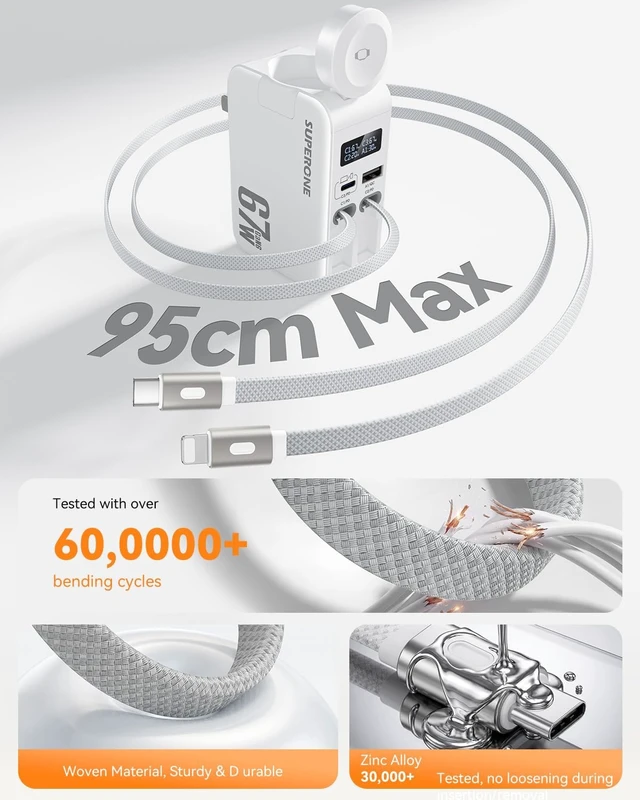 Alt view image 2 of 7 - 67W Retractable Wall Charger with USB-C and Cables 5-in-1