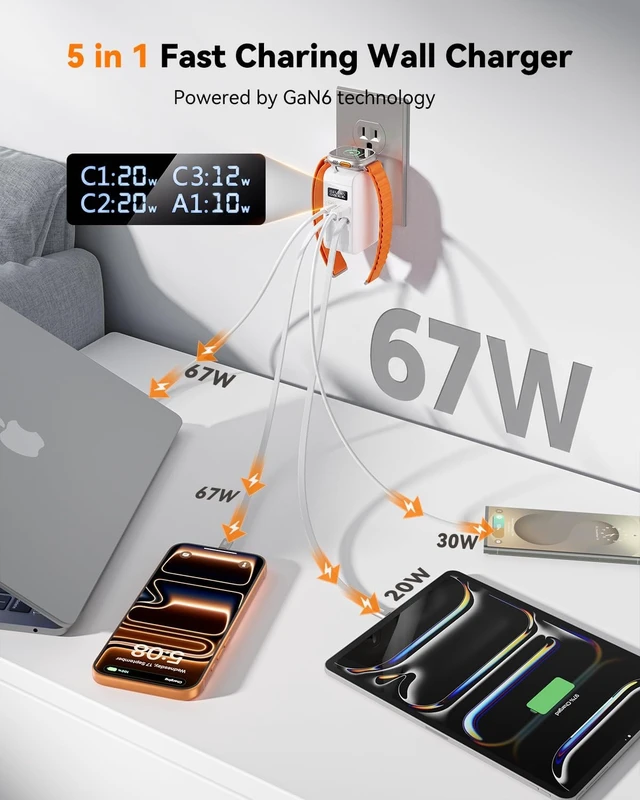 Alt view image 4 of 7 - 67W Retractable Wall Charger with USB-C and Cables 5-in-1