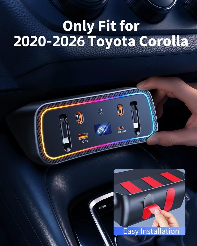 Alt view image 2 of 7 - Car Charger Usb Hub with RGB Light for 2026 2025 2024 2023 2022 2021 2020 Toyota Corolla Accessories, 4-Port Docking Station with Retractable Cable, Phone Fast Charging Hub with Voltage Display
