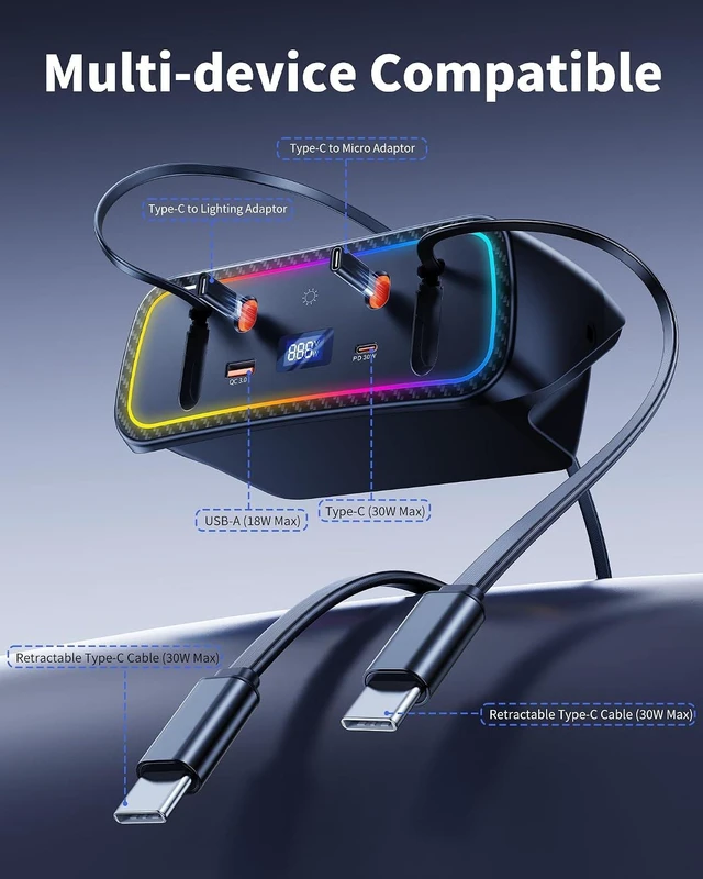 Alt view image 3 of 7 - Car Charger Usb Hub with RGB Light for 2026 2025 2024 2023 2022 2021 2020 Toyota Corolla Accessories, 4-Port Docking Station with Retractable Cable, Phone Fast Charging Hub with Voltage Display