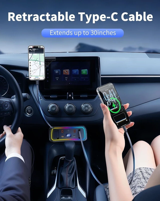 Alt view image 4 of 7 - Car Charger Usb Hub with RGB Light for 2026 2025 2024 2023 2022 2021 2020 Toyota Corolla Accessories, 4-Port Docking Station with Retractable Cable, Phone Fast Charging Hub with Voltage Display