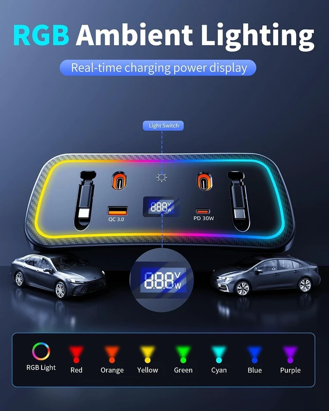 Alt view image 5 of 7 - Car Charger Usb Hub with RGB Light for 2026 2025 2024 2023 2022 2021 2020 Toyota Corolla Accessories, 4-Port Docking Station with Retractable Cable, Phone Fast Charging Hub with Voltage Display