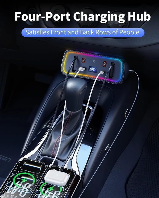 Alt view image 6 of 7 - Car Charger Usb Hub with RGB Light for 2026 2025 2024 2023 2022 2021 2020 Toyota Corolla Accessories, 4-Port Docking Station with Retractable Cable, Phone Fast Charging Hub with Voltage Display