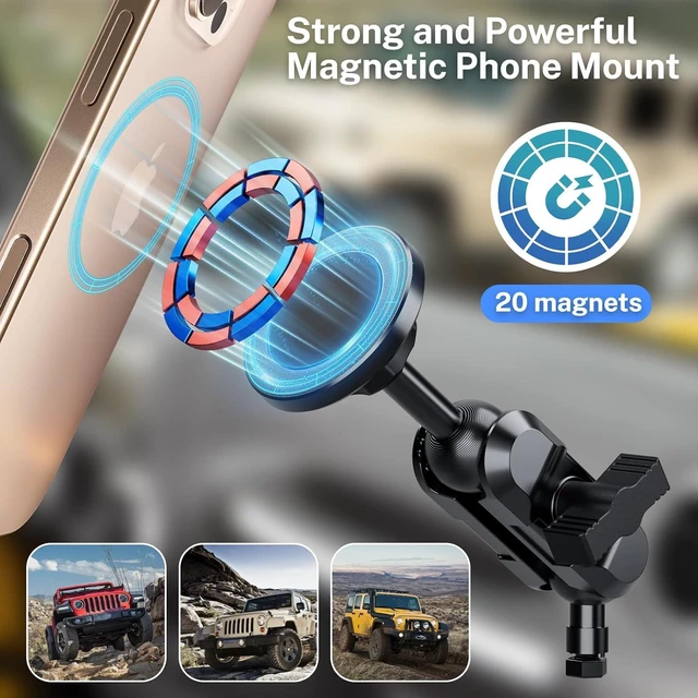 Alt view image 3 of 7 - Stainless Steel Phone Mount for 2011-2017 Wrangler JK JKU Magnetic & Clamp Dual Heads All-Metal Shakeproof Original America Flag Design OEM Screws Dash Mount Install